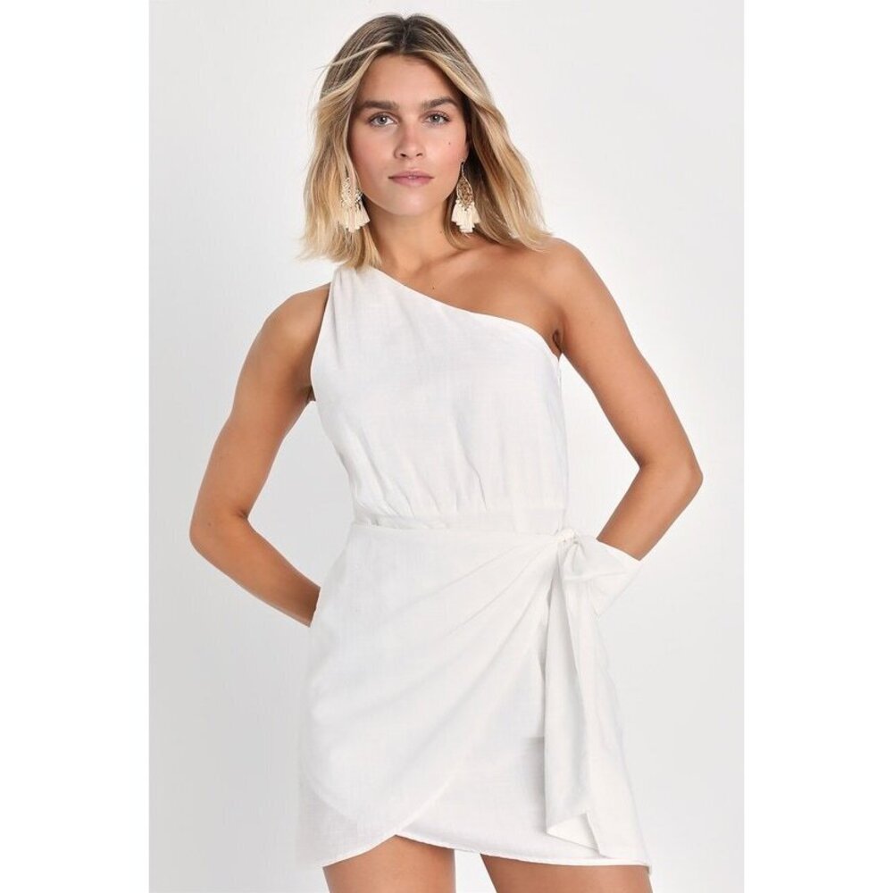 Lulus Forever Summer White One-shoulder Faux Wrap Mini Dress - Size M